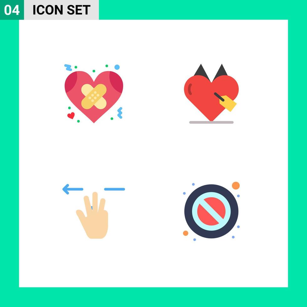 pacote de 4 sinais e símbolos de ícones planos modernos para mídia impressa na web, como bandagem favorita, coração e elementos de design vetorial editáveis à mão vetor