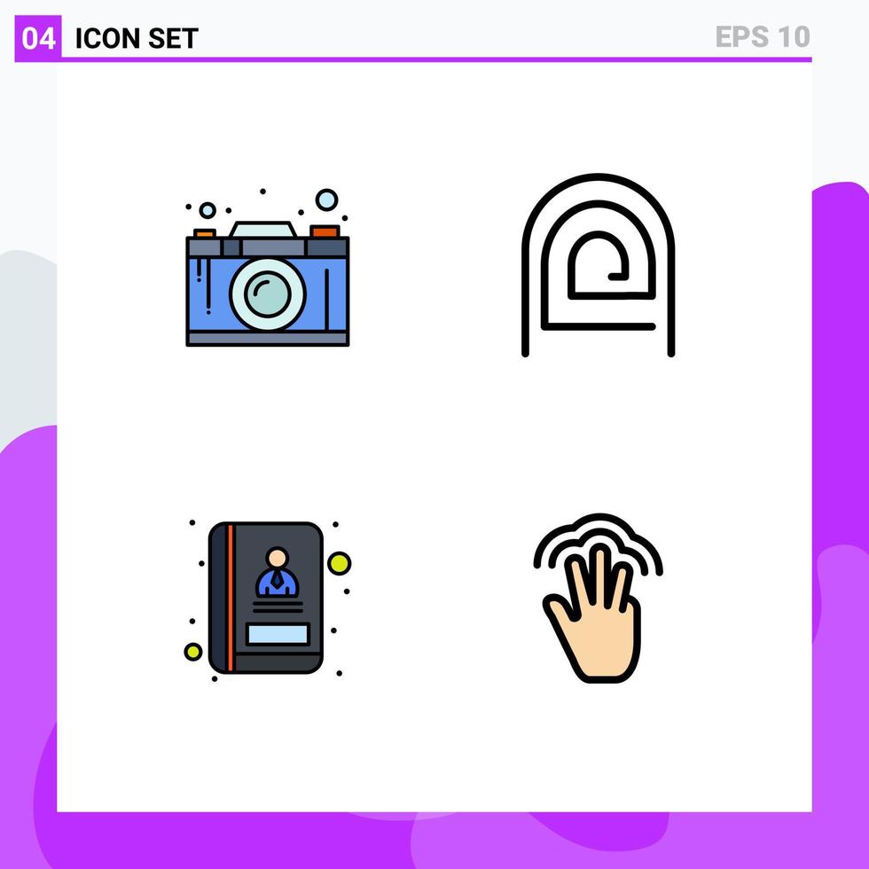 pacote de 4 sinais e símbolos modernos de cores planas de linha preenchida para mídia de impressão na web, como leitor de câmera, livro gráfico de impressão digital, elementos de design vetorial editáveis vetor