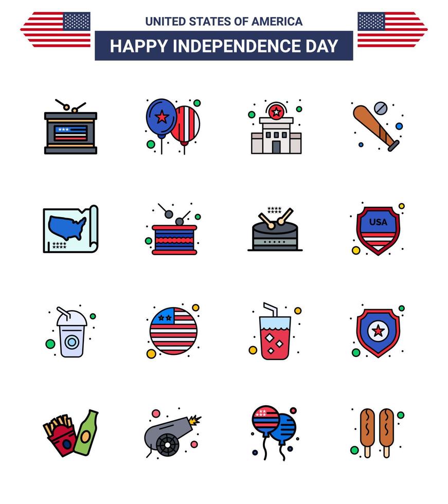 conjunto de 16 ícones do dia dos eua símbolos americanos sinais do dia da independência para construção de esportes de mapa bola de morcego editável dia dos eua vetor elementos de design