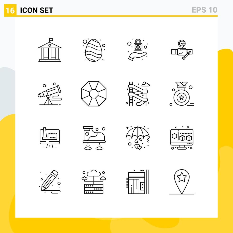 conjunto de esboço de interface móvel de 16 pictogramas de construção de medidor de proteção de binóculos de telescópio elementos de design de vetores editáveis