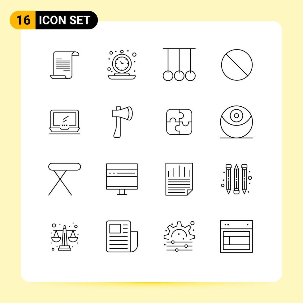 grupo de símbolos de ícones universais de 16 contornos modernos de competição proibida de monitor sem cancelamento de elementos de design de vetores editáveis