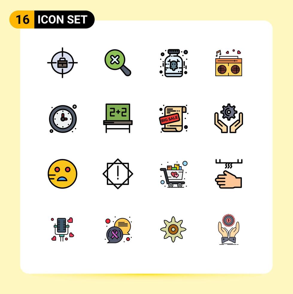 grupo de 16 linhas preenchidas de cores planas modernas definidas para elementos de design de vetores criativos editáveis de coração de veneno de escola de cronômetro