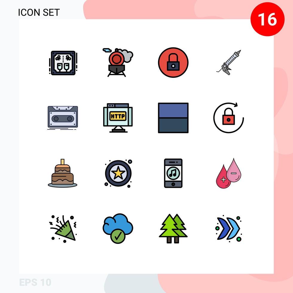 pacote de 16 sinais e símbolos de linhas preenchidas de cores planas modernas para mídia de impressão na web, como selante de reparo de bloqueio de construção de cassete, elementos de design de vetor criativo editáveis