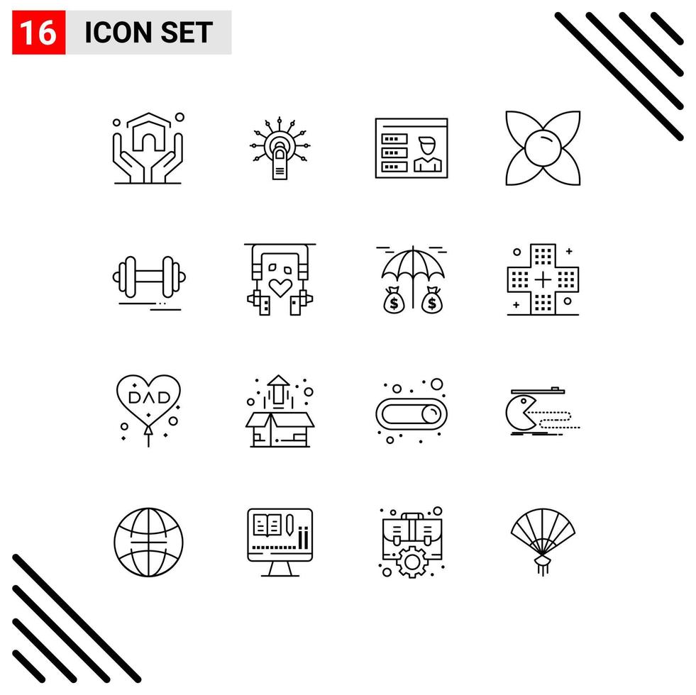 pacote de 16 sinais e símbolos de contornos modernos para mídia impressa na web, como toque de erva de haltere aqui elementos de design de vetores editáveis de ID de flor