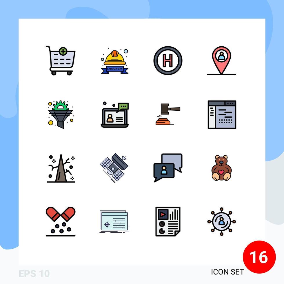 16 conceito de linha cheia de cores planas para sites móveis e aplicativos, filtro de engrenagem, hospital, mapa de engrenagens, elementos de design de vetores criativos editáveis