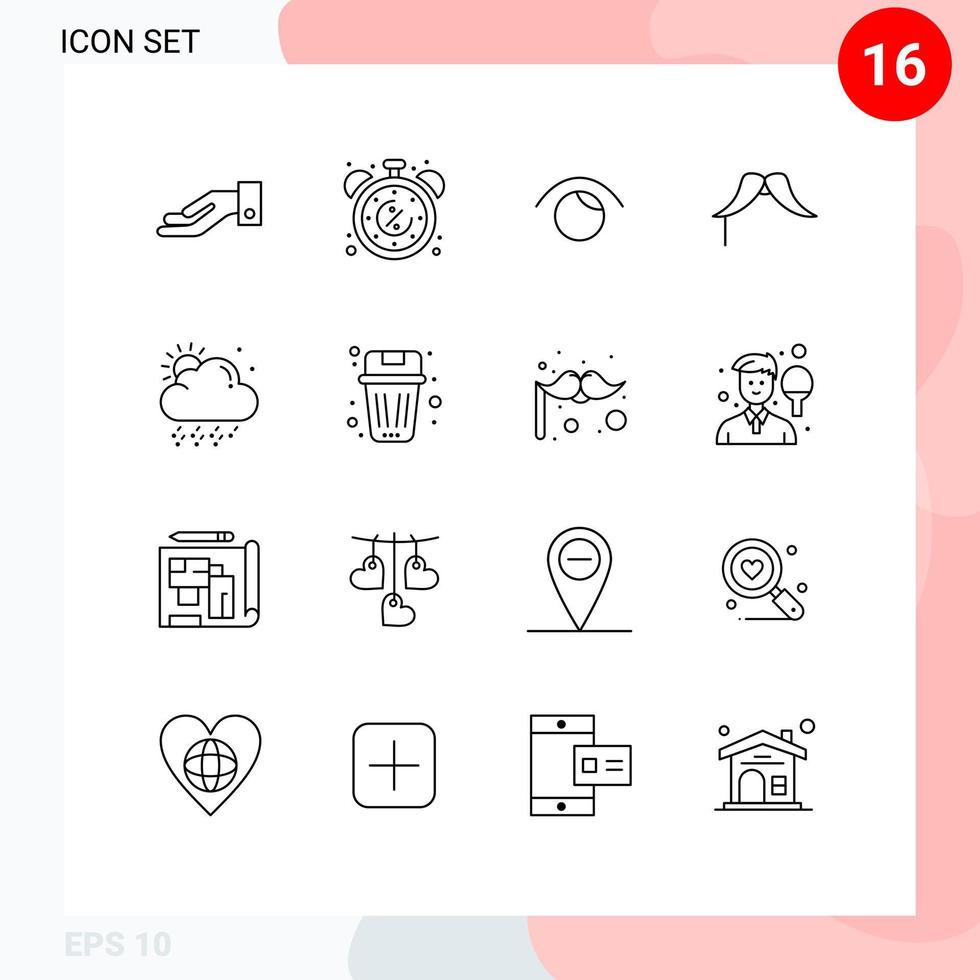 conjunto de esboço de interface móvel de 16 pictogramas de elementos de design de vetor editável de bigode de movimento de olho masculino de nuvem
