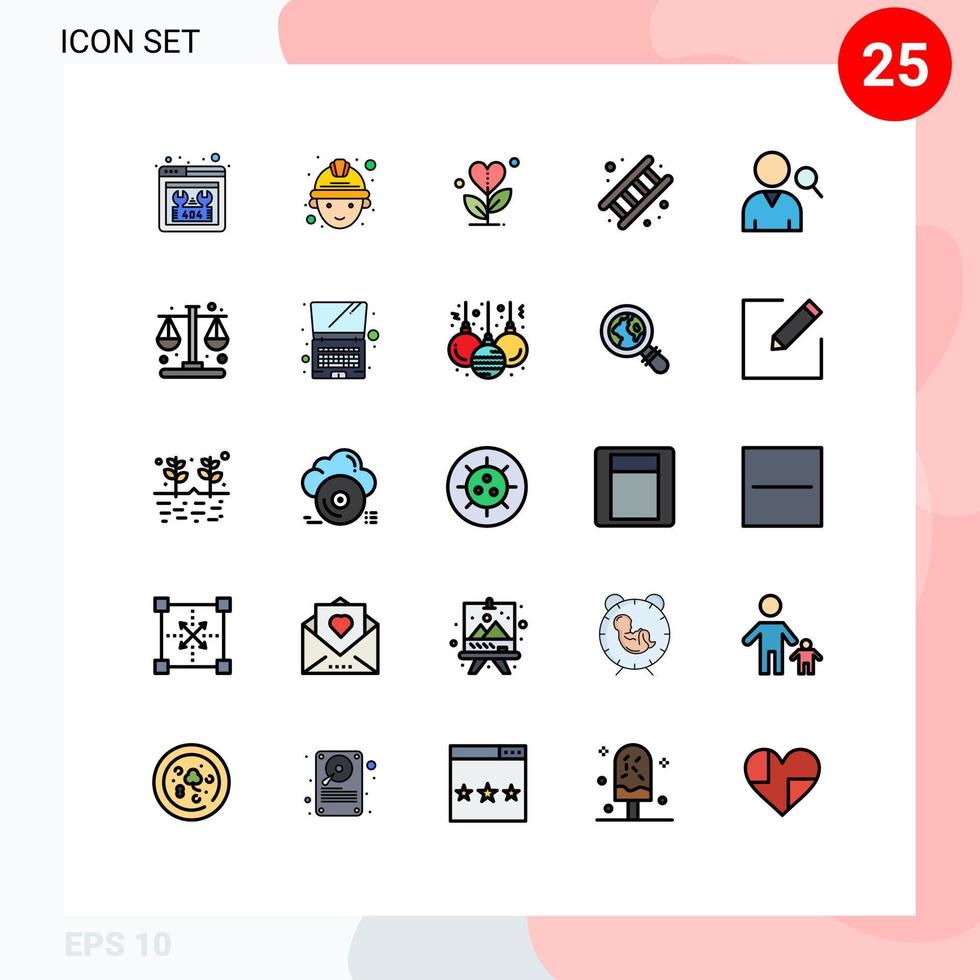 conjunto de cores planas de linha cheia de interface móvel de 25 pictogramas de serviço de funcionário crescer elementos de design de vetores editáveis de fogo de trabalho