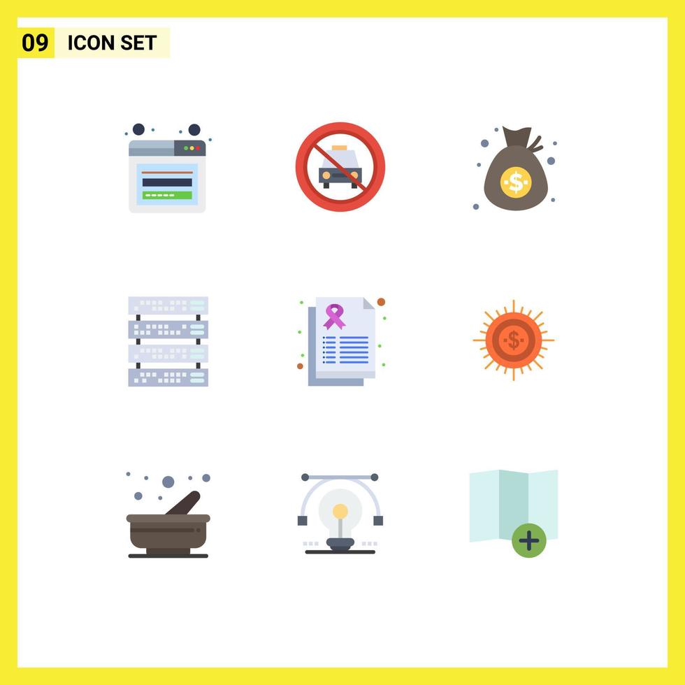 9 ícones criativos, sinais e símbolos modernos de relatório, montagem em rack, barra, dinheiro em rack, elementos de design de vetores editáveis