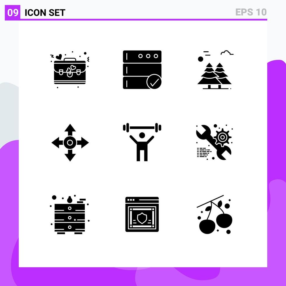 conjunto moderno de 9 pictogramas sólidos de glifos de navegação de ginásio, seta de localização ártica, elementos de design de vetores editáveis