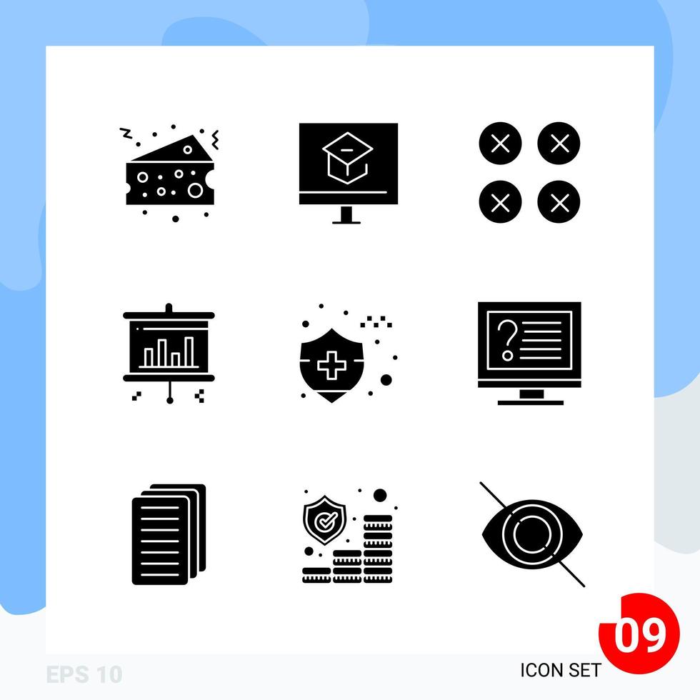 pacote moderno de 9 ícones símbolos de glifos sólidos isolados em fundo branco para design de sites vetor
