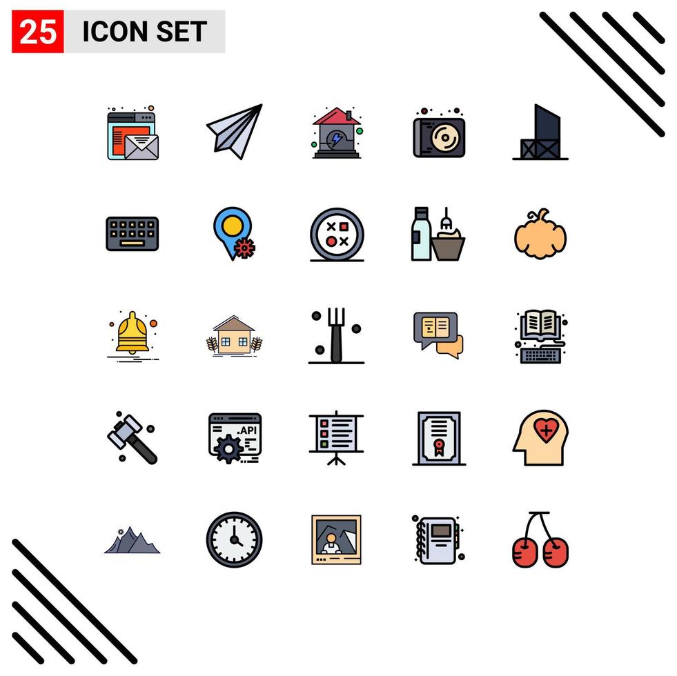 grupo de símbolos de ícone universal de 25 cores planas de linha preenchida moderna de música baywatch enviar elementos de design de vetores editáveis de poder de mídia