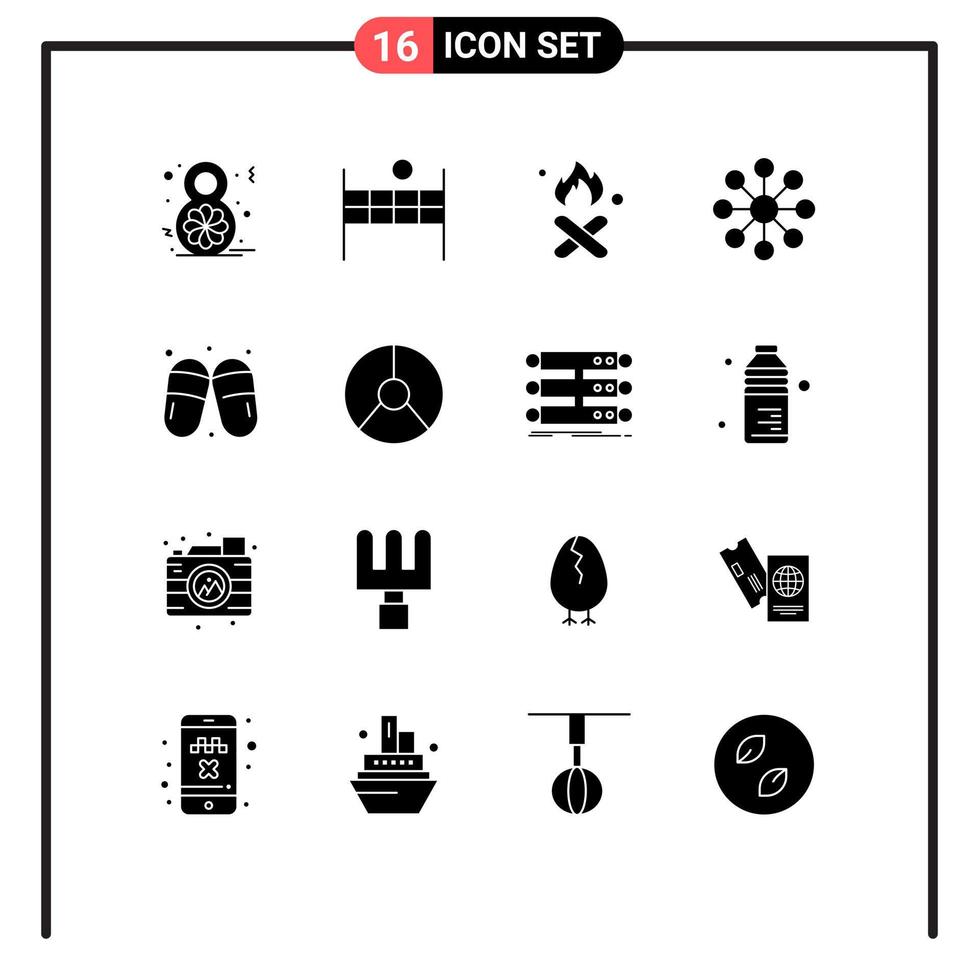 pacote de 16 glifos sólidos criativos de elementos de design de vetores editáveis de organização de fogo de sandália de sauna