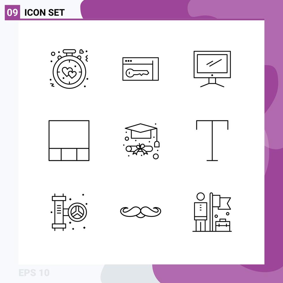 conjunto moderno de 9 contornos e símbolos, como grade de sala de layout de formatura, elementos de design de vetores editáveis imac