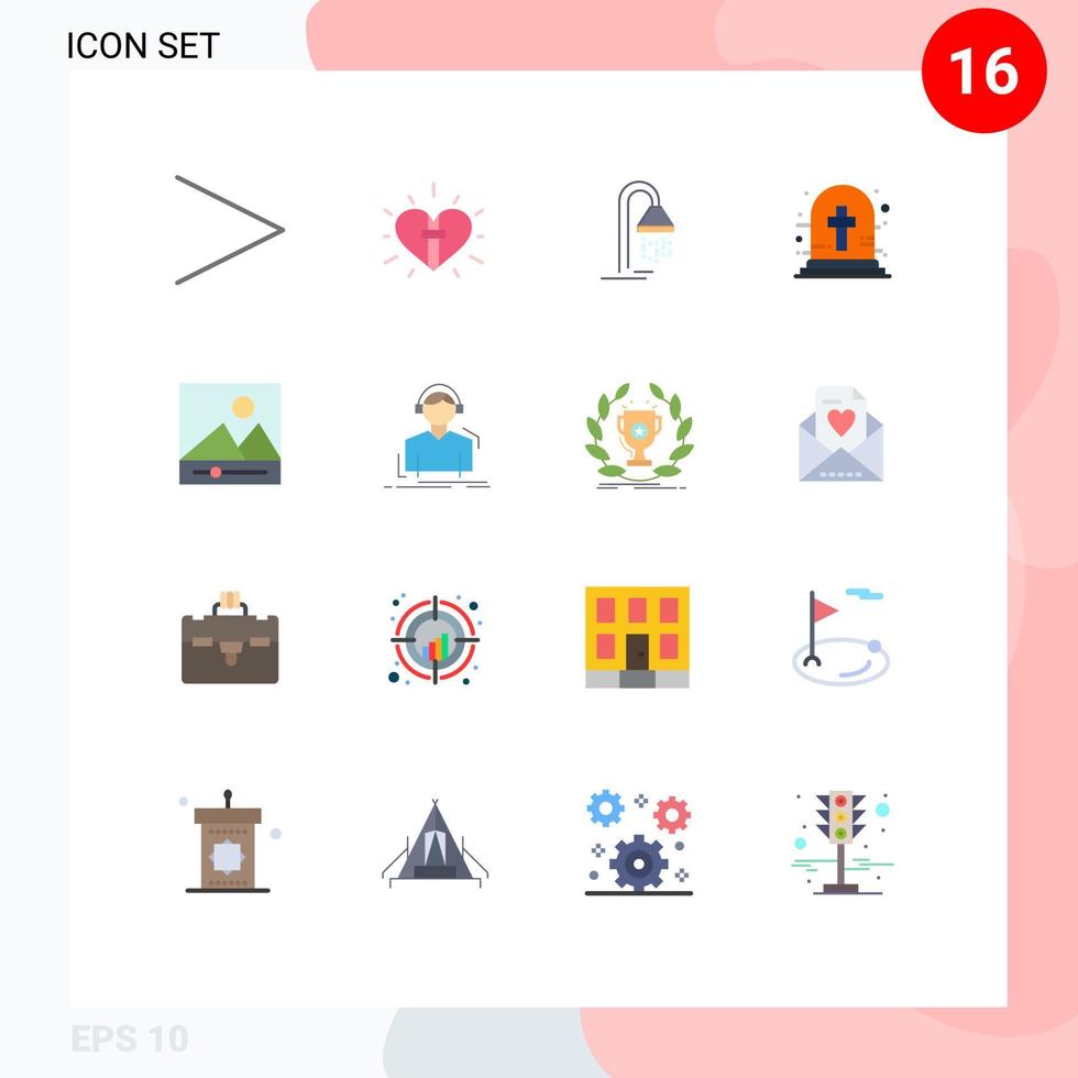 Pacote de cores planas de 16 interfaces de usuário de sinais e símbolos modernos de mídia túmulo banheiro cruz de cemitério de halloween pacote editável de cruz de cemitério de elementos de design de vetores criativos