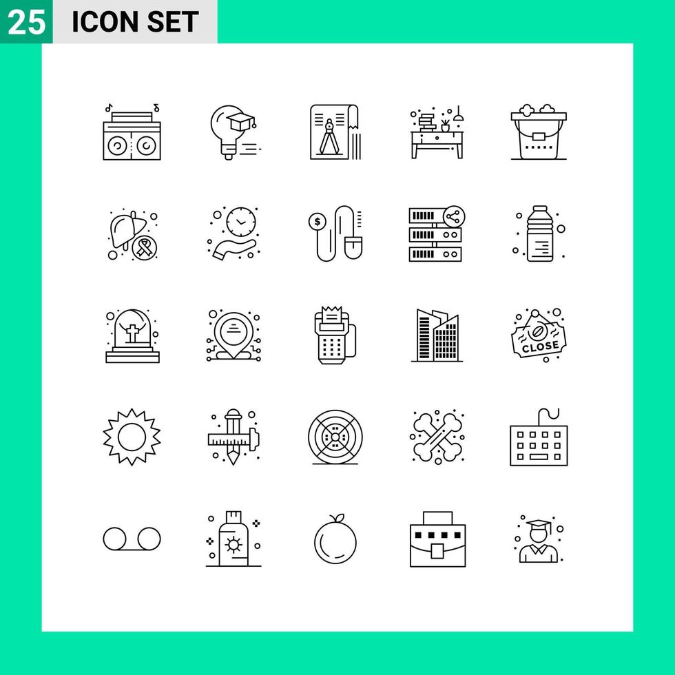 conjunto de 25 sinais de símbolos de ícones modernos da interface do usuário para escritório limpo, desenho, gaveta, livro, elementos de design vetorial editáveis vetor