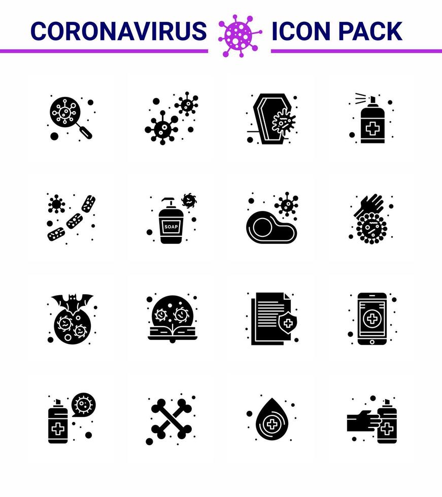 16 glifo sólido pacote de ícones de epidemia de coronavírus preto chupar como infecção por spray de mão morte do crânio coronavírus viral 2019nov elementos de design de vetor de doença