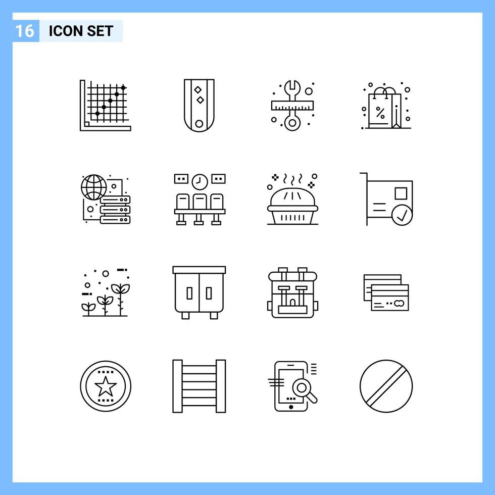 conjunto moderno de pictograma de 16 contornos de chave de desconto de classificação de presentes de compras elementos de design de vetores editáveis