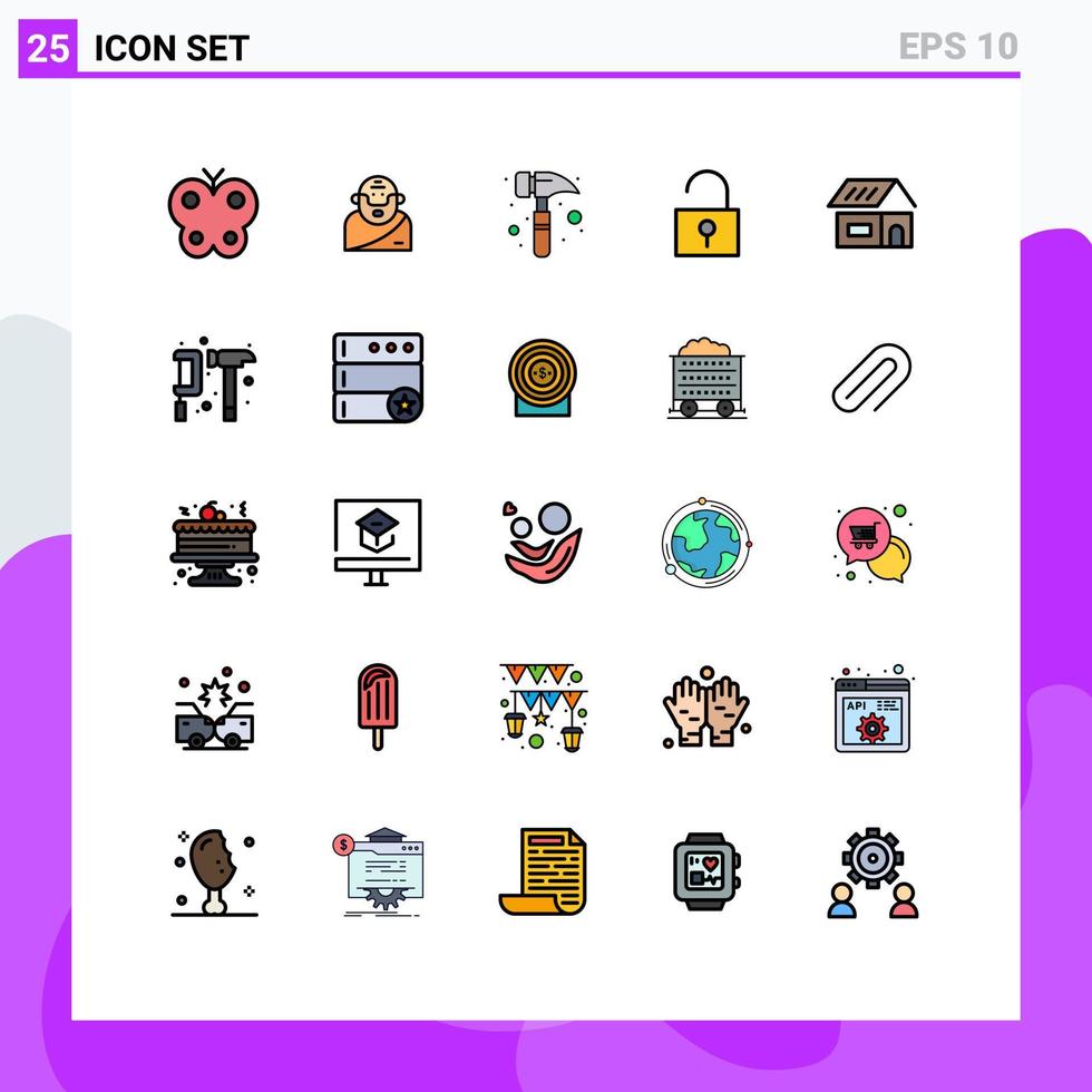 pacote de cores planas de linha preenchida de 25 símbolos universais de construção de casa com martelo de garra, elementos de design de vetores editáveis desbloqueados
