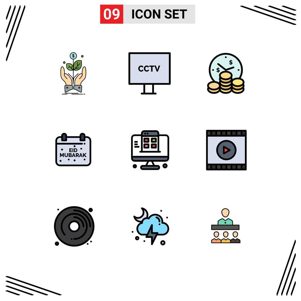 9 interface do usuário pacote de cores planas de linha cheia de sinais e símbolos modernos de celebração eid calendário de vigilância dinheiro editável elementos de design vetorial vetor