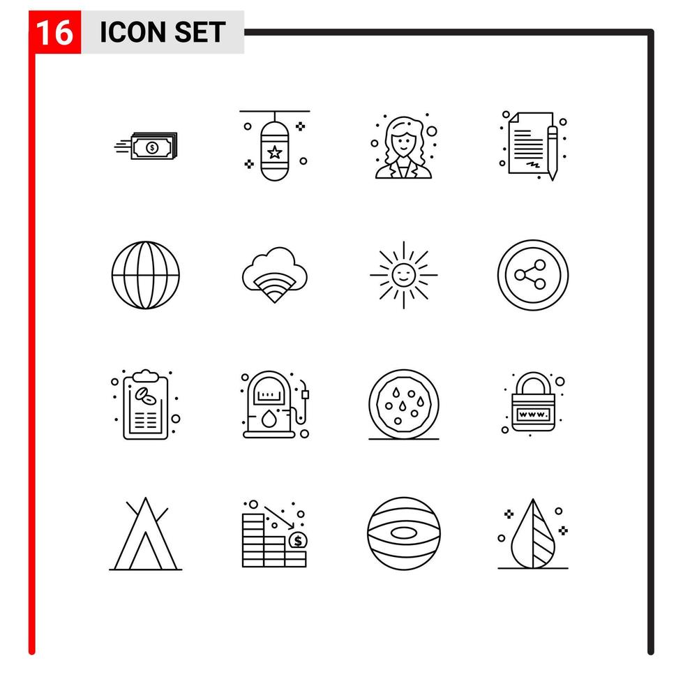 grupo de símbolos de ícone universal de 16 contornos modernos de documento acessórios de esportes de negócios sinal pesquisador elementos de design de vetores editáveis