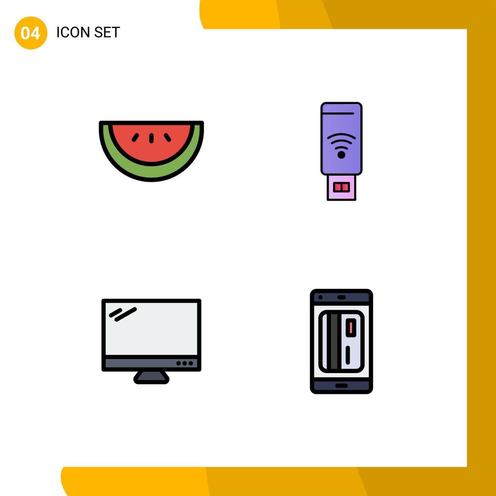 4 símbolos universais de sinais de cor plana de linha preenchida de fatia imac wifi computador bancário elementos de design de vetores editáveis