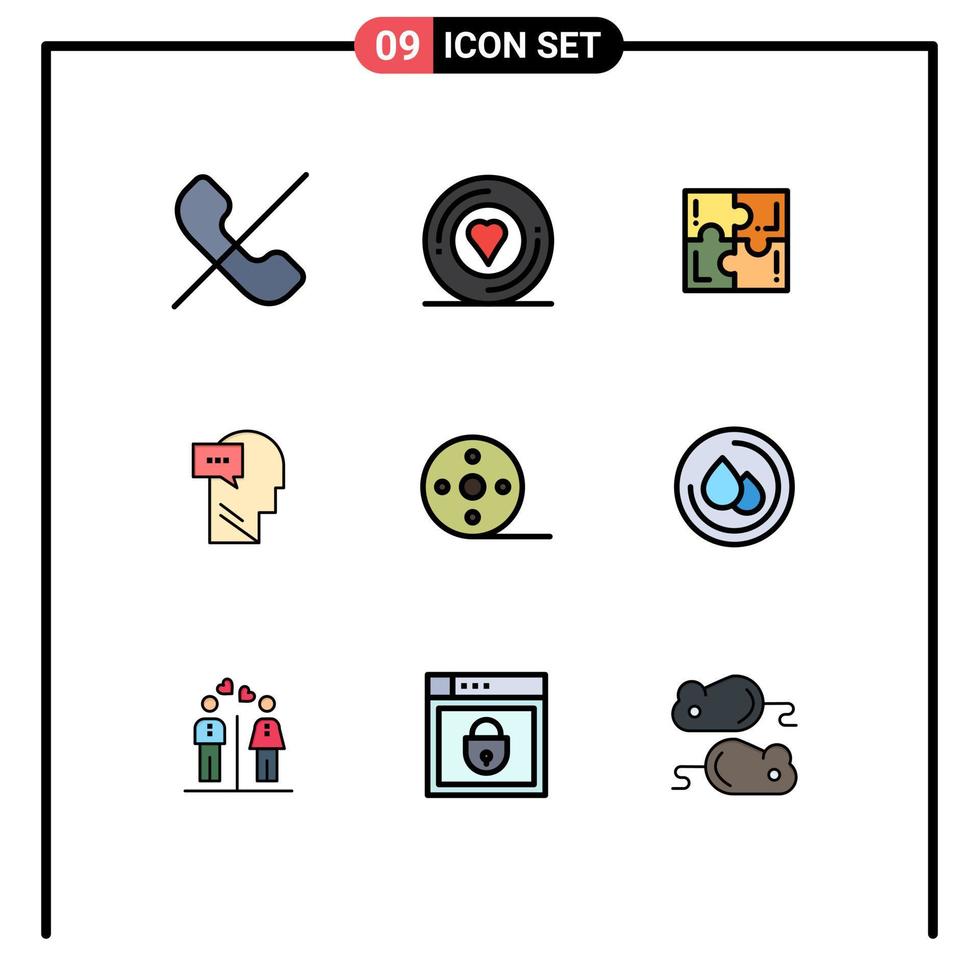 conjunto de cores planas de linha preenchida de interface móvel de 9 pictogramas de diálogo de quebra-cabeça interno do álbum resolve elementos de design de vetores editáveis