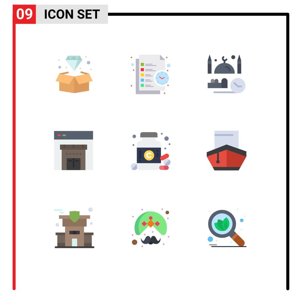 conjunto de cores planas de interface móvel de 9 pictogramas de tempo de loja de dieta on-line rezar elementos de design de vetores editáveis