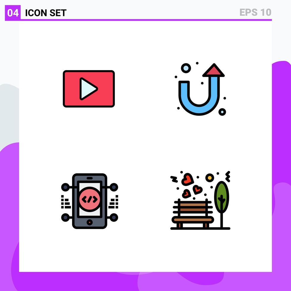 conjunto de cores planas de linha preenchida de interface móvel de 4 pictogramas do player on-line do youtube, você vira elementos de design de vetores editáveis de banco