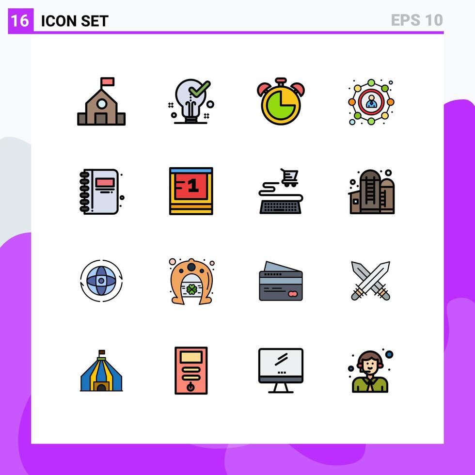 pacote de linha cheia de cor plana de 16 símbolos universais de volta às aulas, compartilhamento de carrapato seo timer elementos de design de vetores criativos editáveis