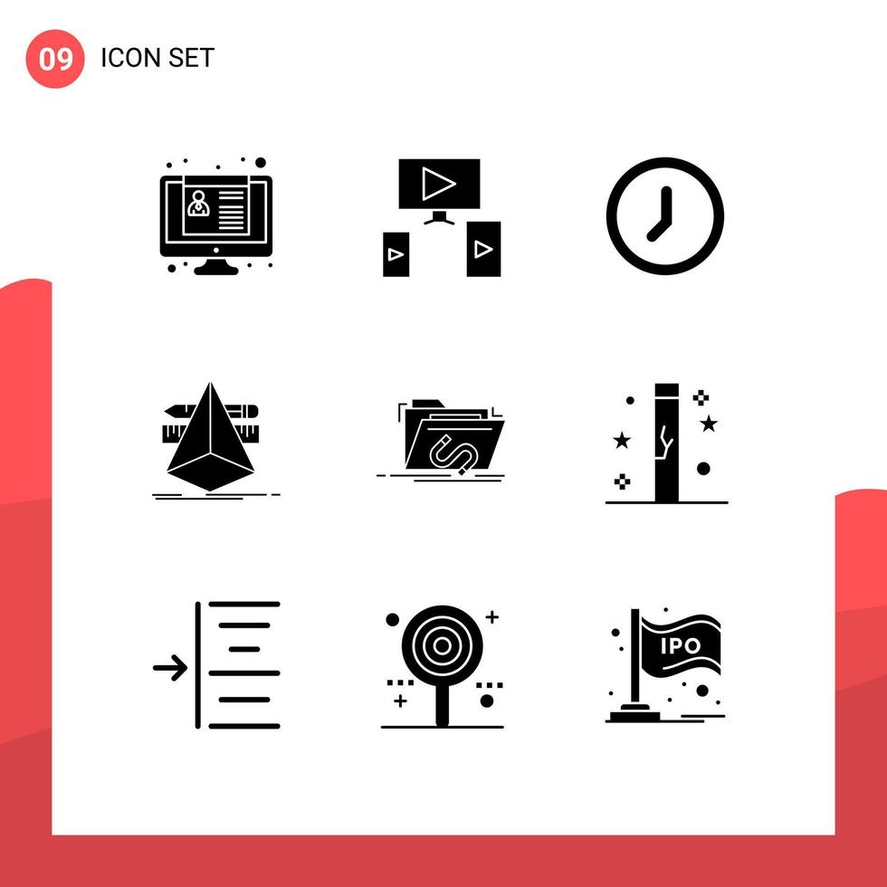 conjunto de 9 glifos sólidos vetoriais na grade para ferramentas de interface de backdoor de arquivo designer de elementos de design de vetores editáveis