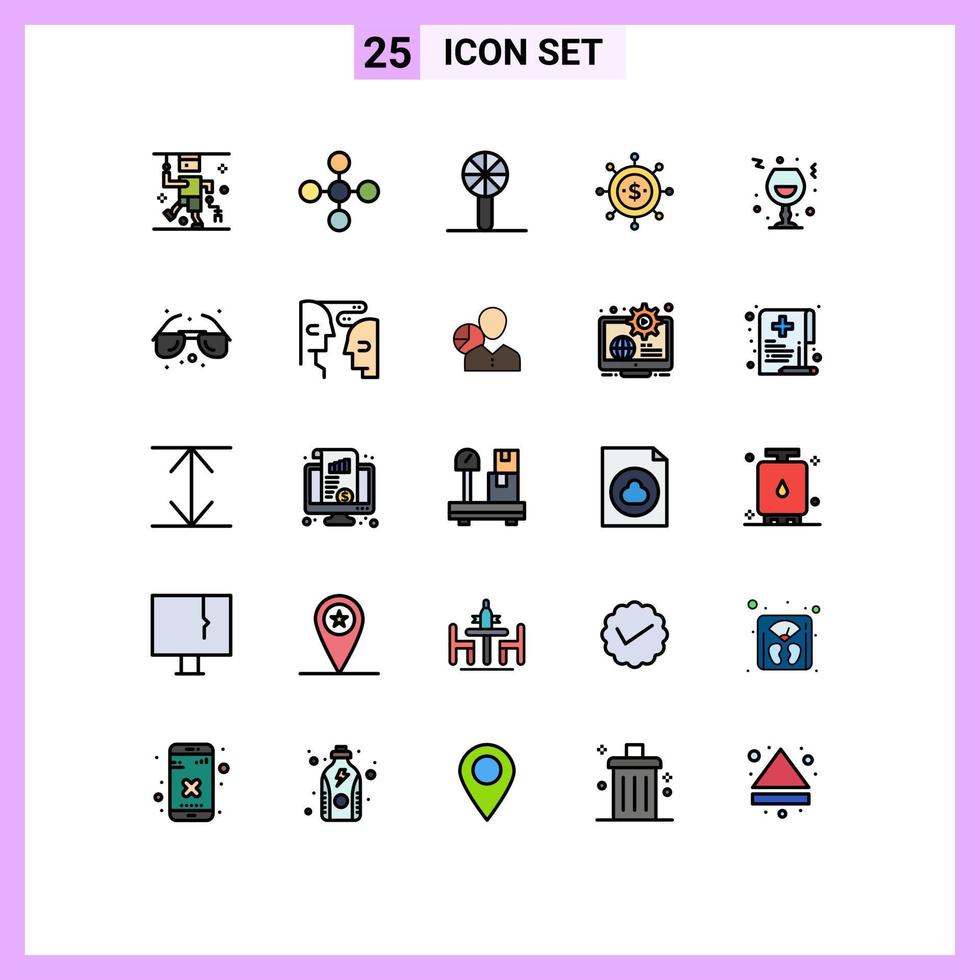 25 interface de usuário linha cheia pacote de cores planas de sinais e símbolos modernos de vinho chocalho de bebê global economia brinquedo elementos de design de vetores editáveis