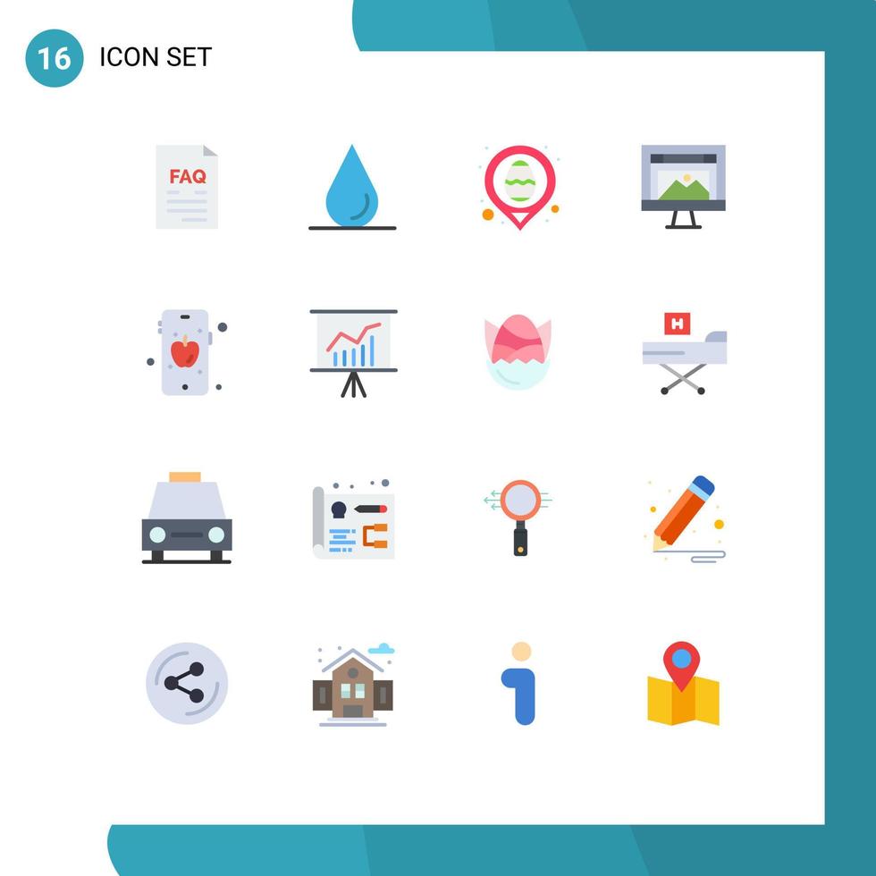 pacote de 16 sinais e símbolos modernos de cores planas para mídia impressa na web, como pacote editável de computador de imagem de ovo de site da apple de elementos de design de vetores criativos