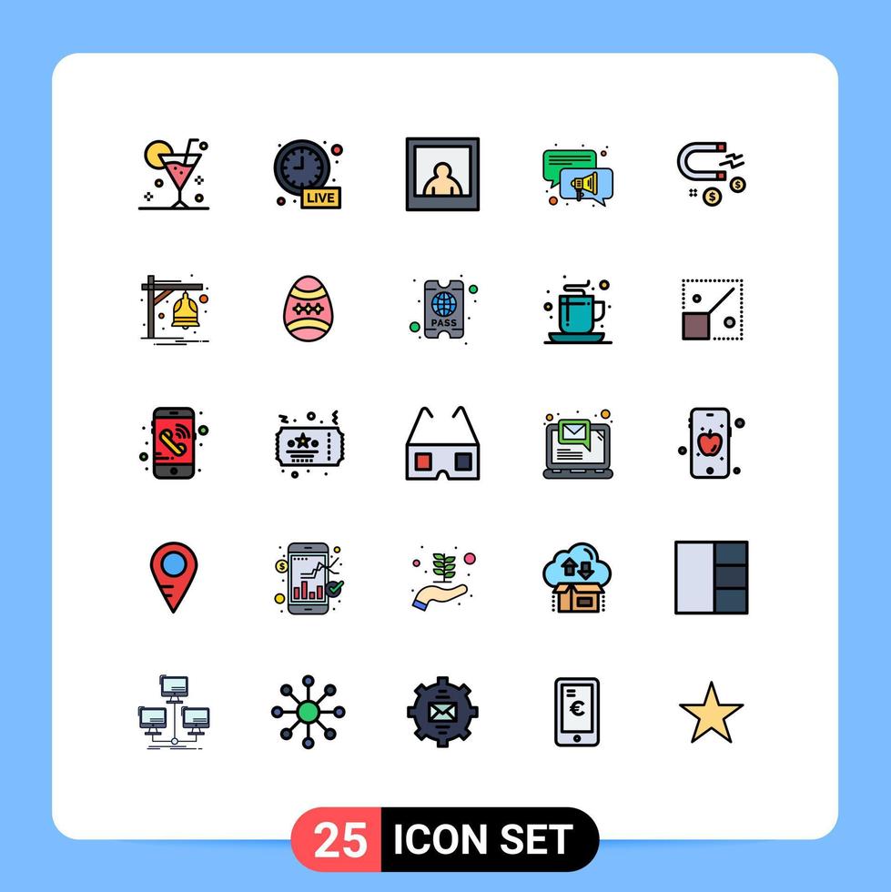 conjunto de 25 cores planas de linha cheia de vetores na grade para atualização ao vivo de negócios magnéticos atraindo elementos de design de vetores editáveis de alto-falante