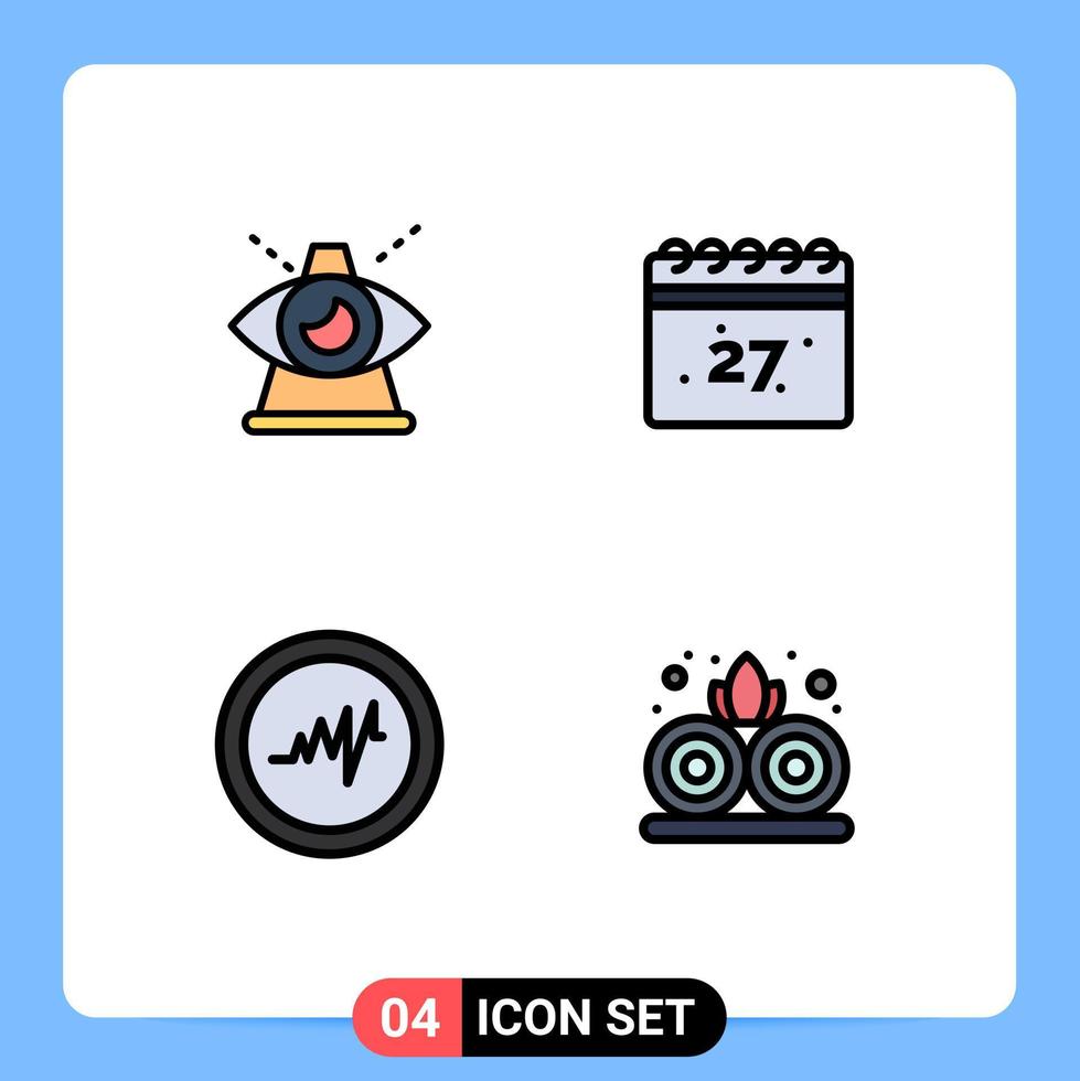 conjunto de cores planas de linha preenchida de interface móvel de 4 pictogramas de pulso de negócios de elementos de design de vetores editáveis da natureza do calendário
