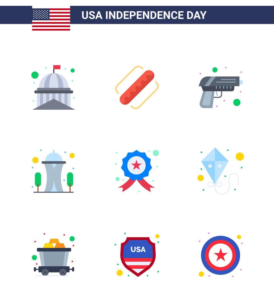 grupo de 9 apartamentos definidos para o dia da independência dos estados unidos da américa, como distintivo, agulha, marco, arma, editável, elementos de design vetorial do dia dos eua vetor