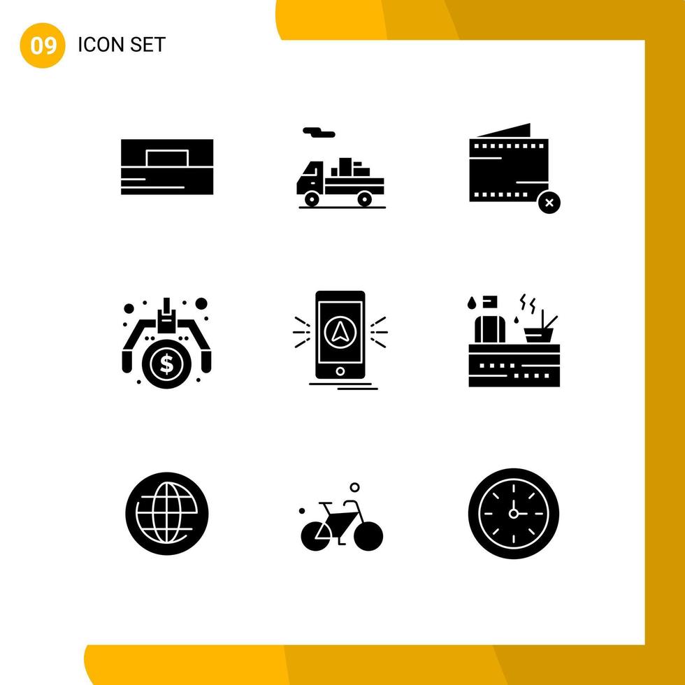 conjunto moderno de 9 glifos e símbolos sólidos, como ideia de aplicativo, comércio, dinheiro, elementos de design de vetores financeiros editáveis