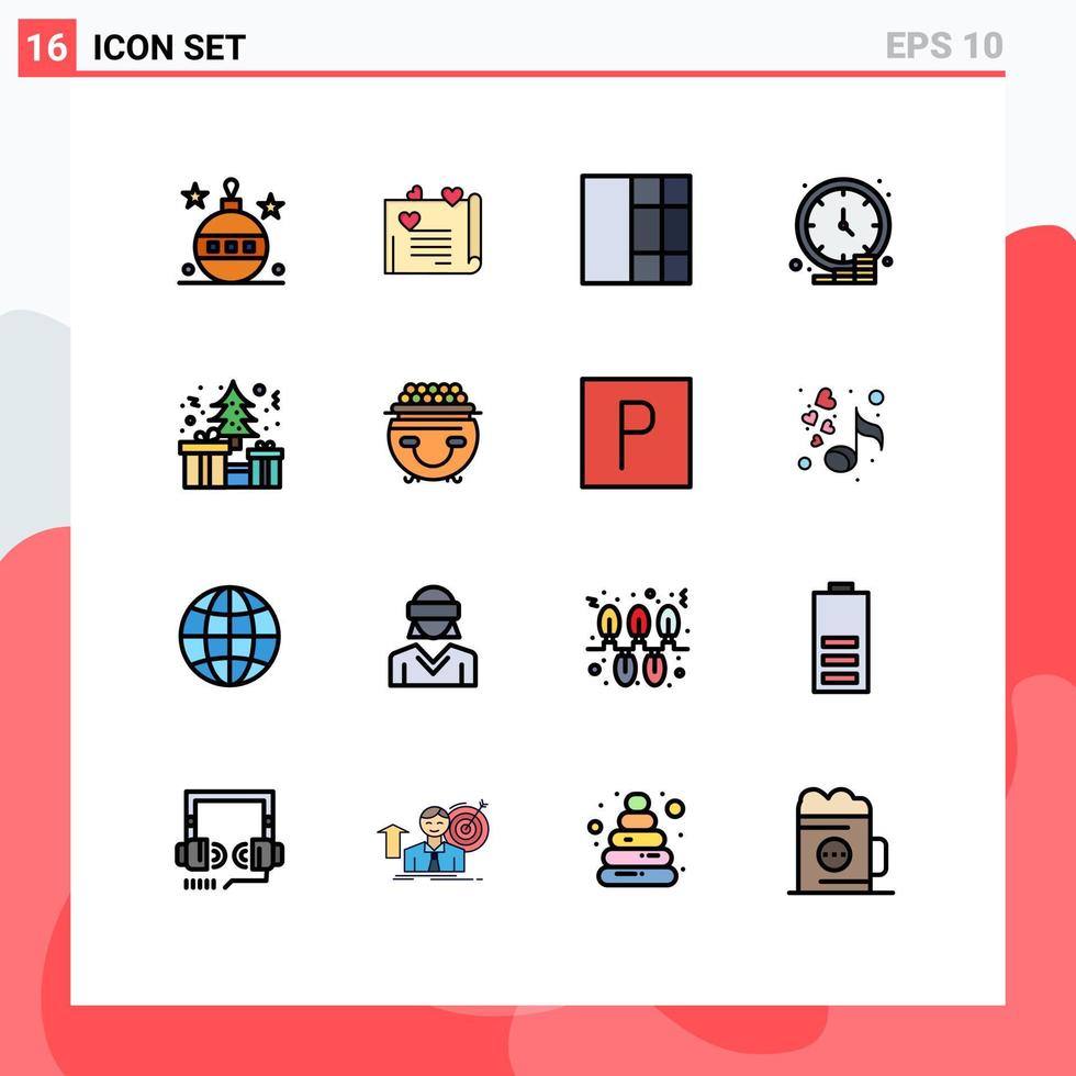 16 sinais de linha cheia de cor plana universal símbolos de caixa tempo amor dinheiro moeda elementos de design de vetores criativos editáveis
