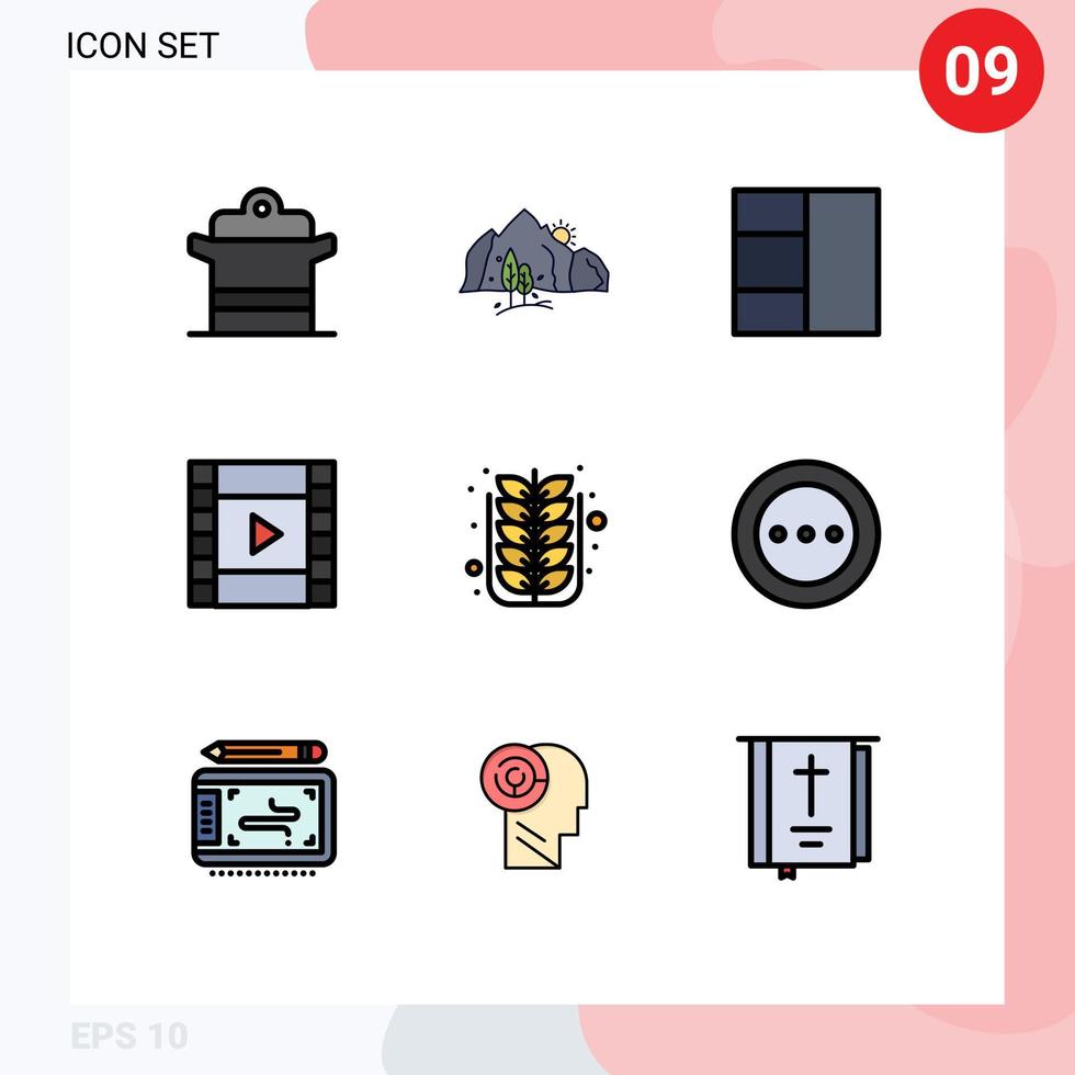 9 símbolos universais de sinais de cor plana de linha preenchida de folha outono montanha filme elementos de design de vetores editáveis