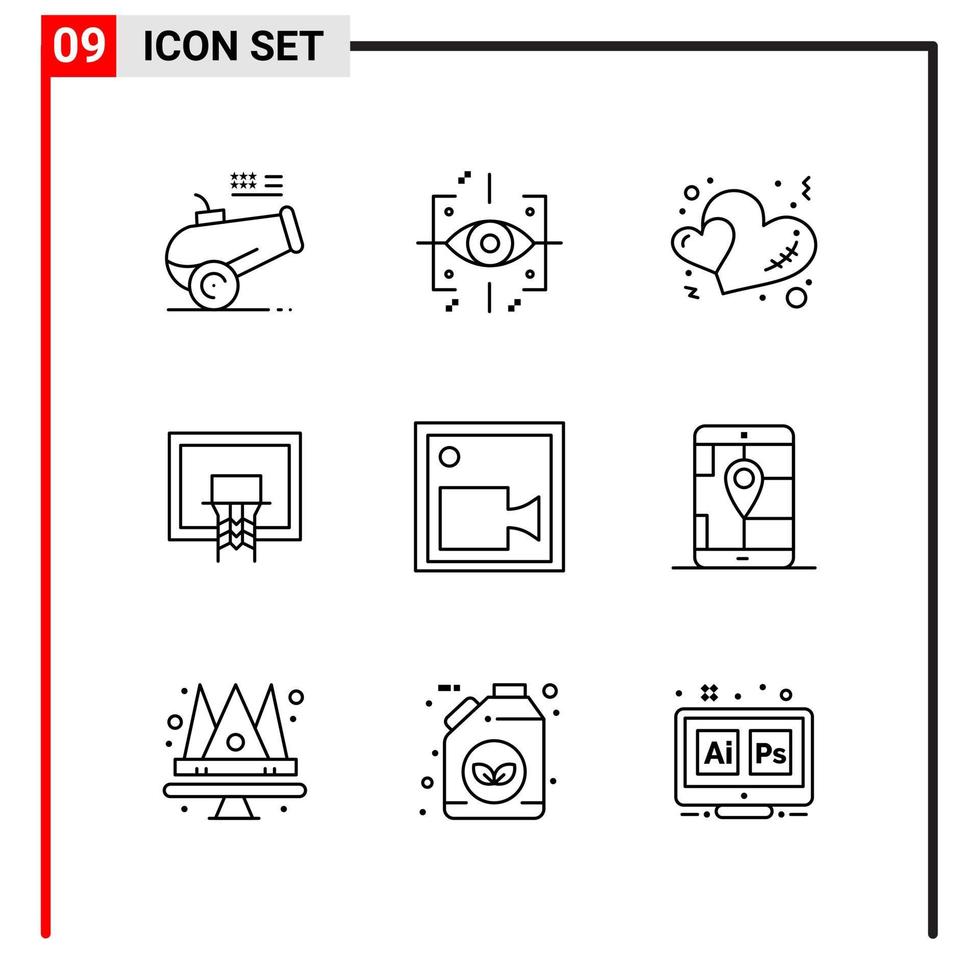 9 ícones gerais para impressão de design de site e aplicativos móveis 9 sinais de símbolos de contorno isolados no fundo branco 9 pacote de ícones vetor