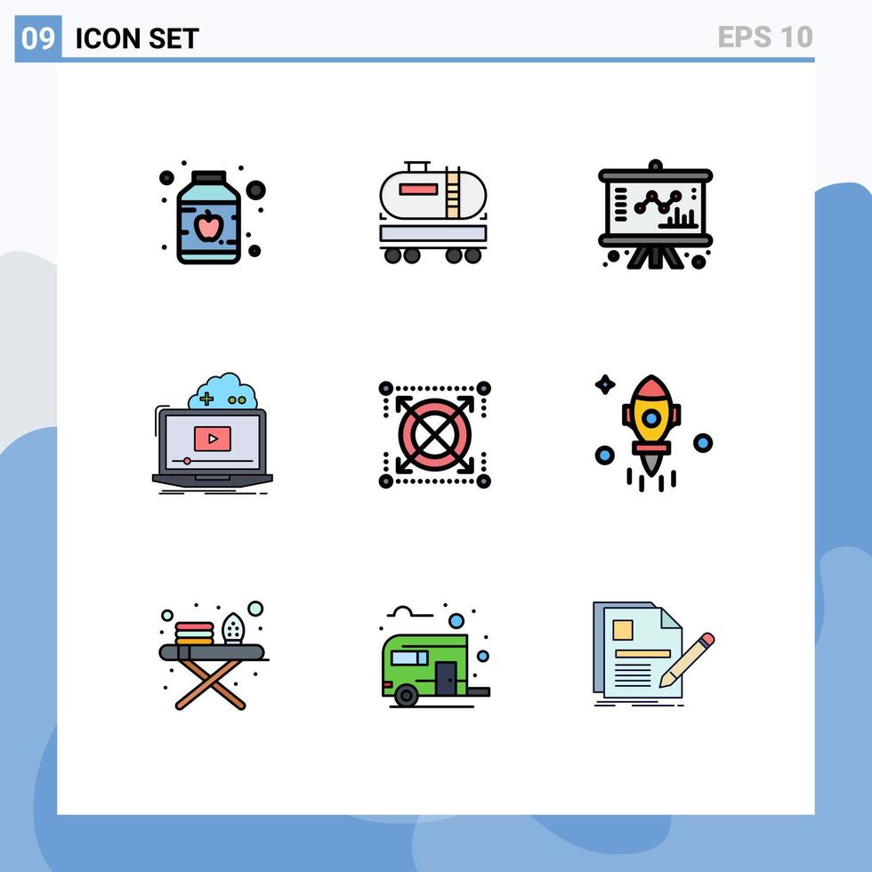 pacote de 9 sinais e símbolos modernos de cores planas de linha preenchida para mídia impressa na web, como elementos de design de vetores editáveis de jogo de streaming de gráfico de vídeo de destino
