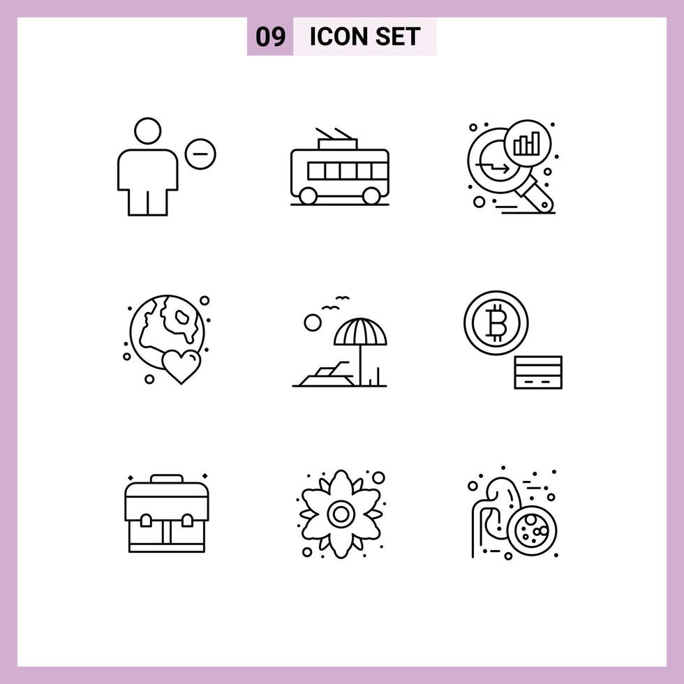 9 ícones criativos, sinais e símbolos modernos do dia, mundo, trólebus, globo, estatísticas de pesquisa, elementos de design vetorial editáveis vetor