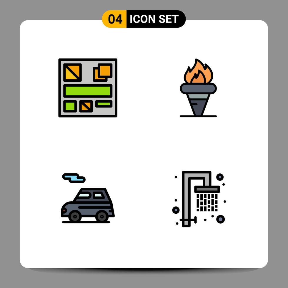 Pacote de cores planas de 4 linhas preenchidas de interface de usuário de sinais e símbolos modernos de chama de carro de design segurando elementos de design de vetores editáveis de veículos