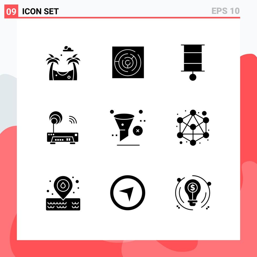 9 interface do usuário pacote de glifos sólidos de sinais e símbolos modernos de filtro excluir tecnologia infantil elementos de design de vetores editáveis eletrônicos