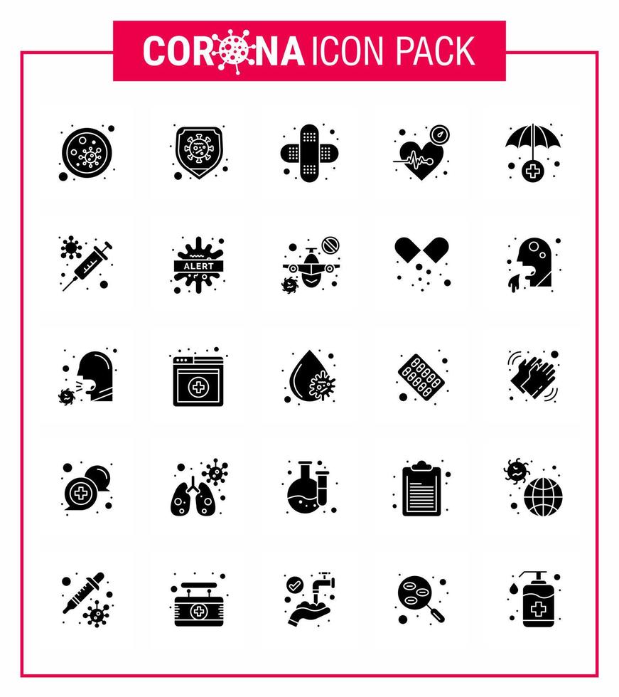 conjunto de ícones covid19 para pacote de glifos sólidos de 25 infográficos, como pulso de vírus de tempo de seguro, coronavírus viral 2019nov elementos de design de vetor de doença