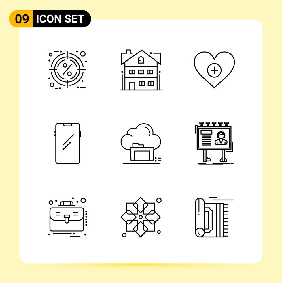 9 ícones criativos para design de site moderno e aplicativos móveis responsivos 9 sinais de símbolos de contorno em fundo branco 9 pacote de ícones vetor