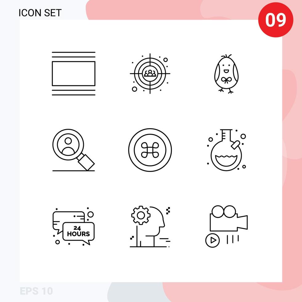 conjunto de 9 sinais de símbolos de ícones de interface do usuário modernos para pesquisa de tiro na cabeça do usuário de frutas felizes elementos de design de vetores editáveis