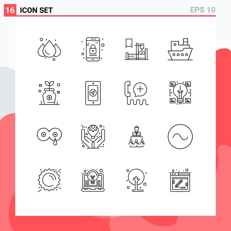conjunto de 16 sinais de símbolos de ícones de interface do usuário modernos para negócios de investimento gotejamento barco a vapor elementos de design de vetores editáveis