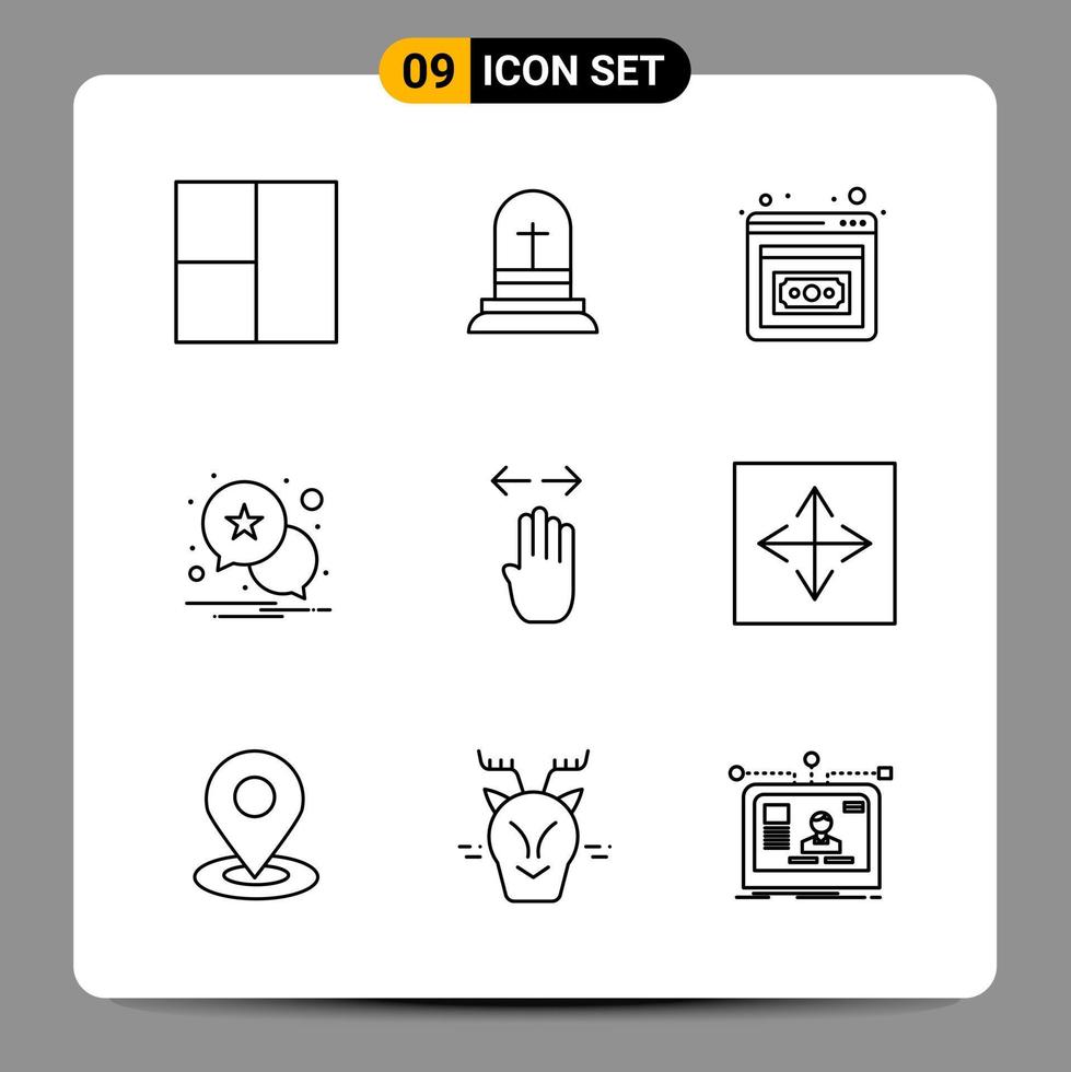 9 sinais de símbolos de contorno de pacote de ícones pretos para designs responsivos em conjunto de 9 ícones de fundo branco vetor