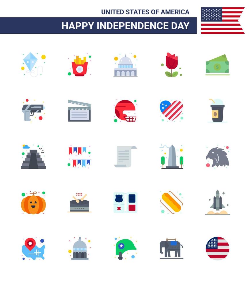 feliz dia da independência pacote de 25 sinais e símbolos de flats para dólar americano madison plent elementos de design de vetor de dia dos eua editáveis americanos