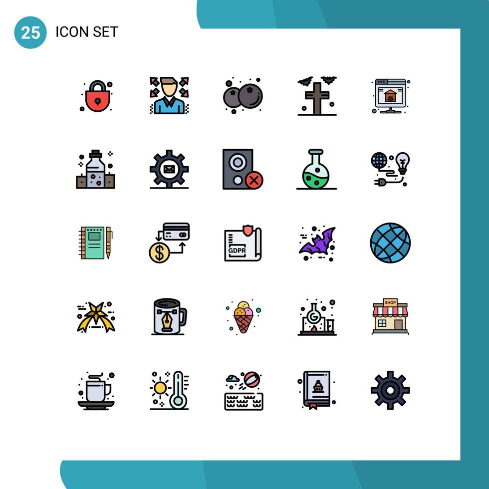 Pacote de cores planas de linha cheia de 25 interfaces de usuário de sinais e símbolos modernos de backup de frutas de banco de dados de servidor rasgar elementos de design de vetores editáveis